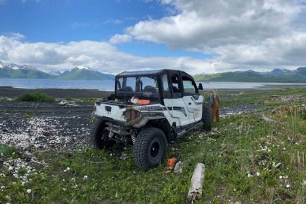 a white jeep parked on grass